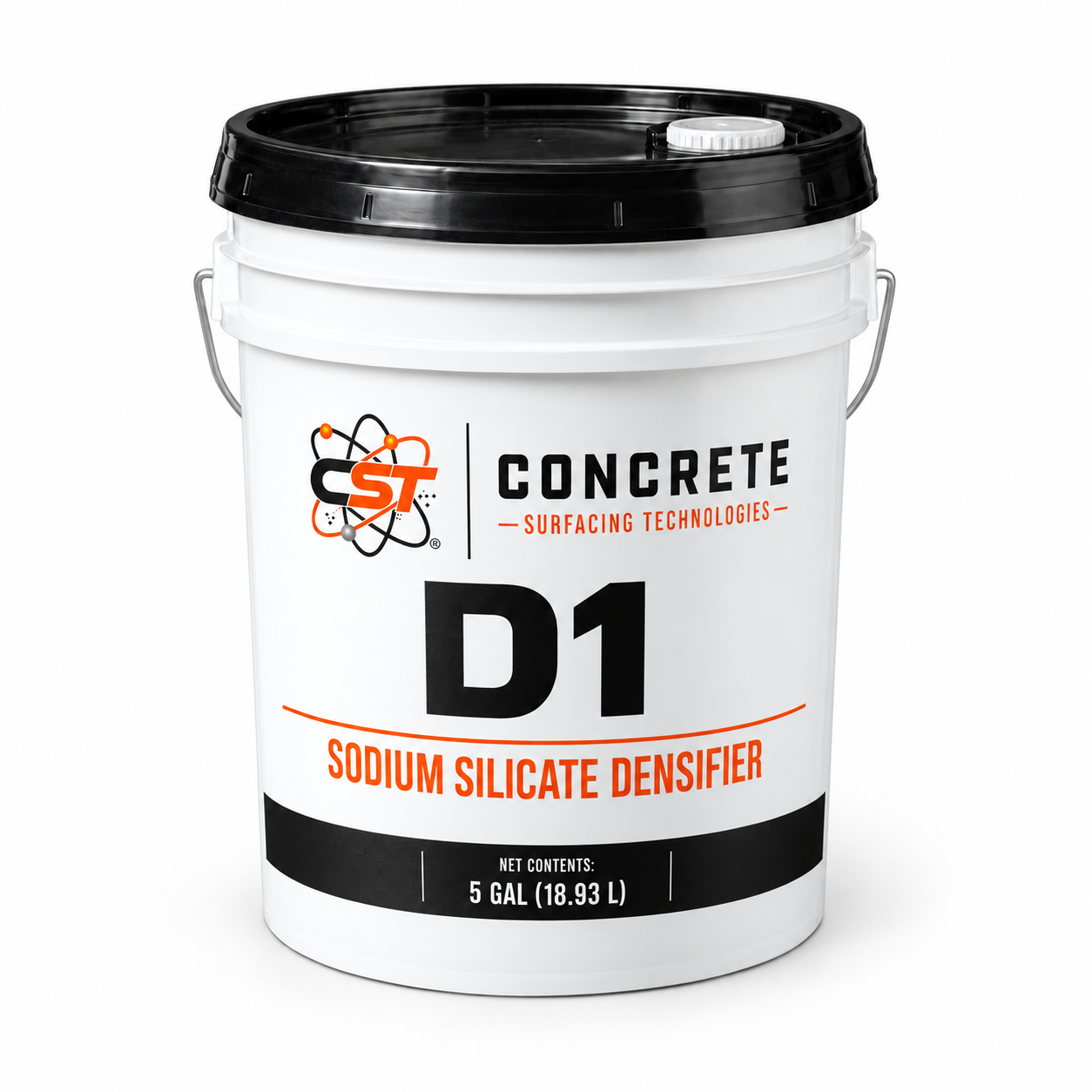 Concept image of CST D1 Densifier in a white five-gallon pail with a black lid and integrated pour spout