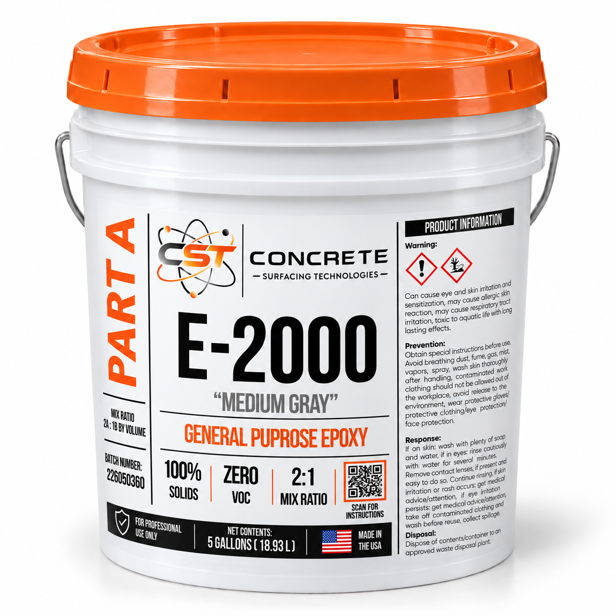 Digital mockup of E-2000 Medium Gray Part A in a white five-gallon plastic pail with an orange lid and wrapped CST label