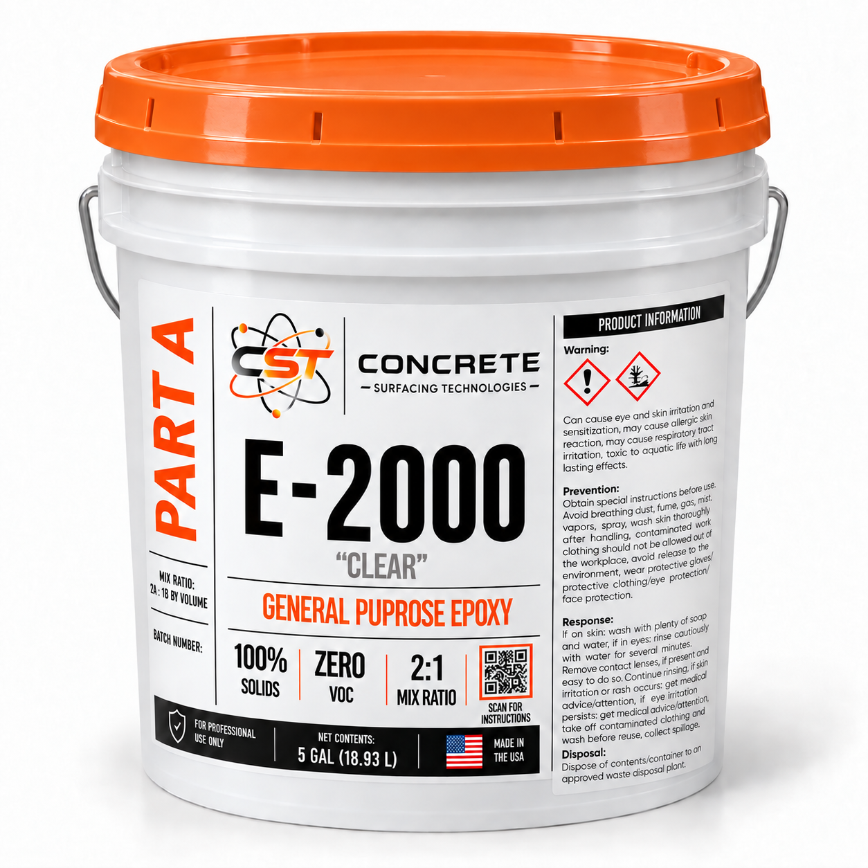 Digital mockup of E-2000 Clear Part A in a white five-gallon plastic pail with an orange lid and wrapped CST label