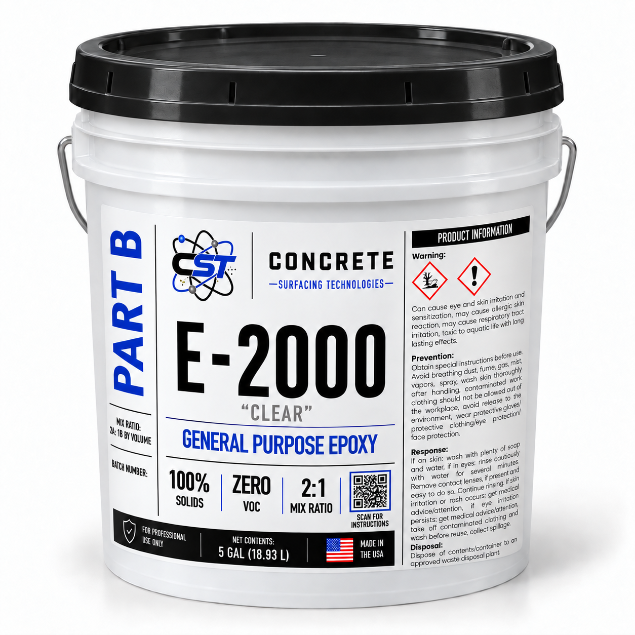 Digital mockup of E-2000 Clear Part B in a white five-gallon plastic pail with a black lid and wrapped CST label