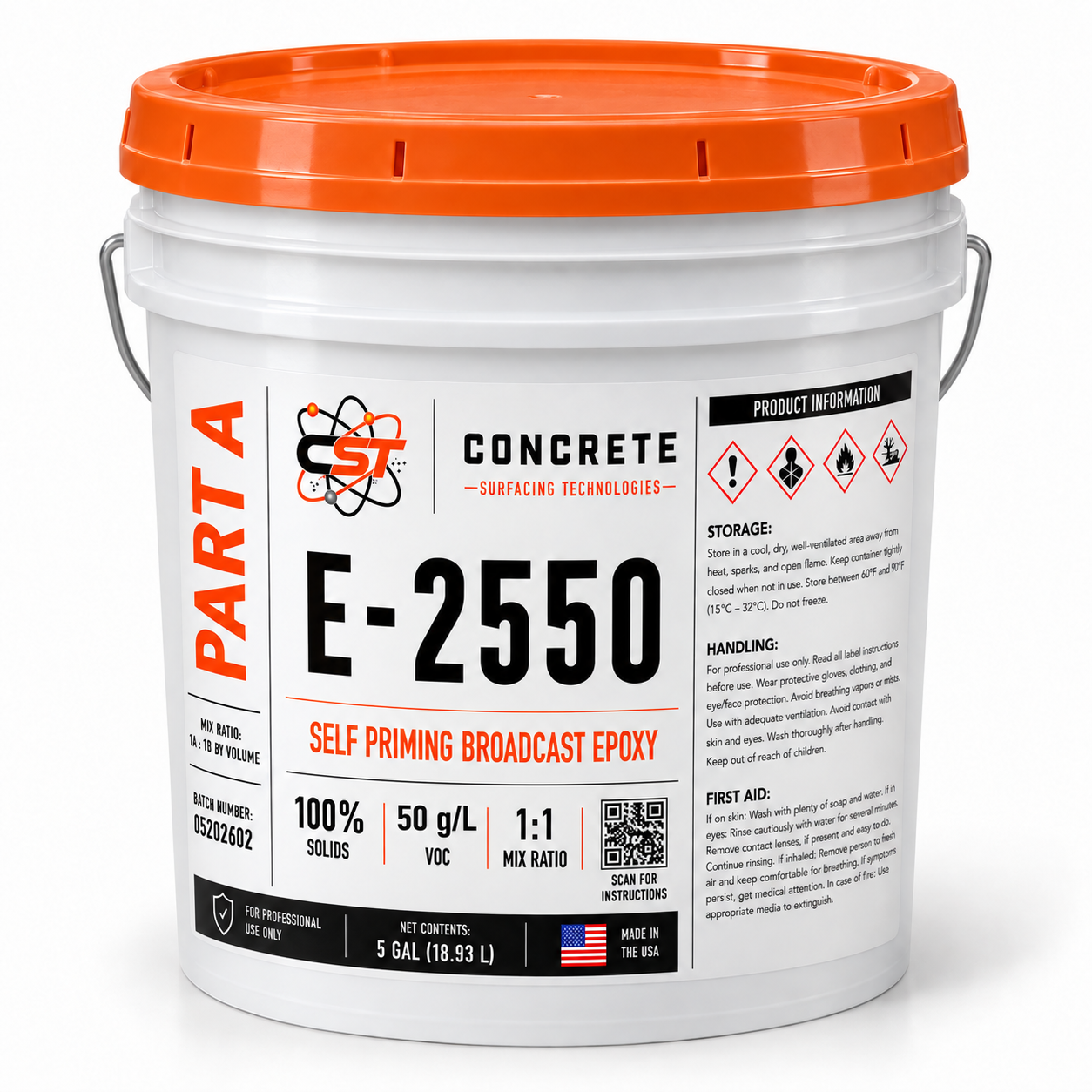 Digital mockup of E-2550 Part A in a white five-gallon plastic pail with an orange lid and wrapped CST label