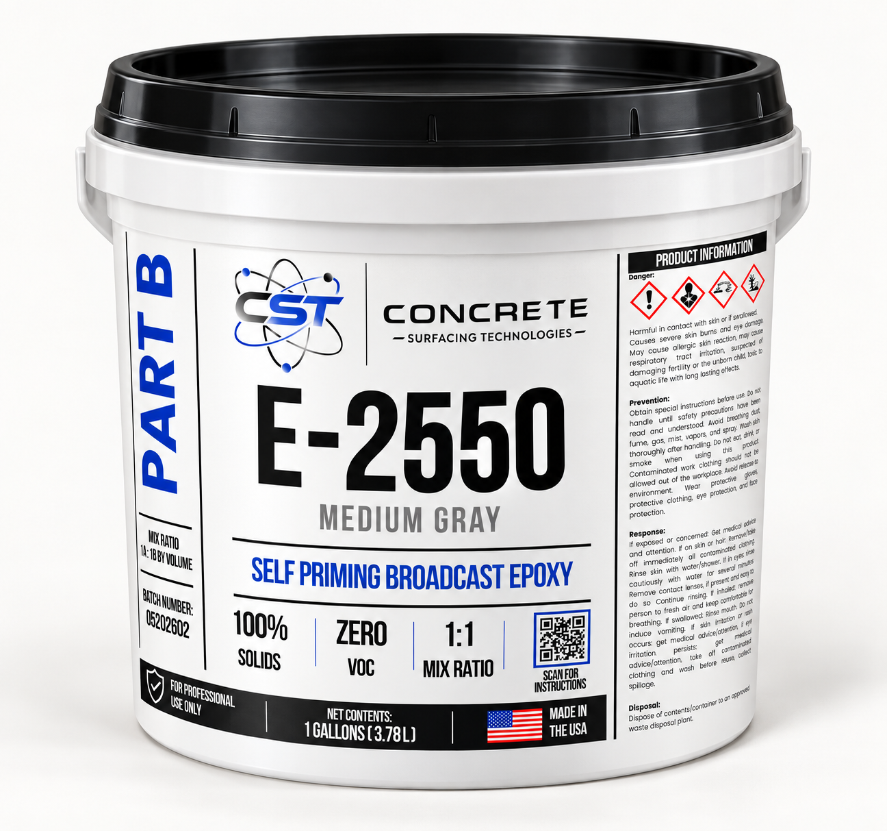 Digital mockup of E-2550 Part B Medium Gray in a white one-gallon pail with a black lid