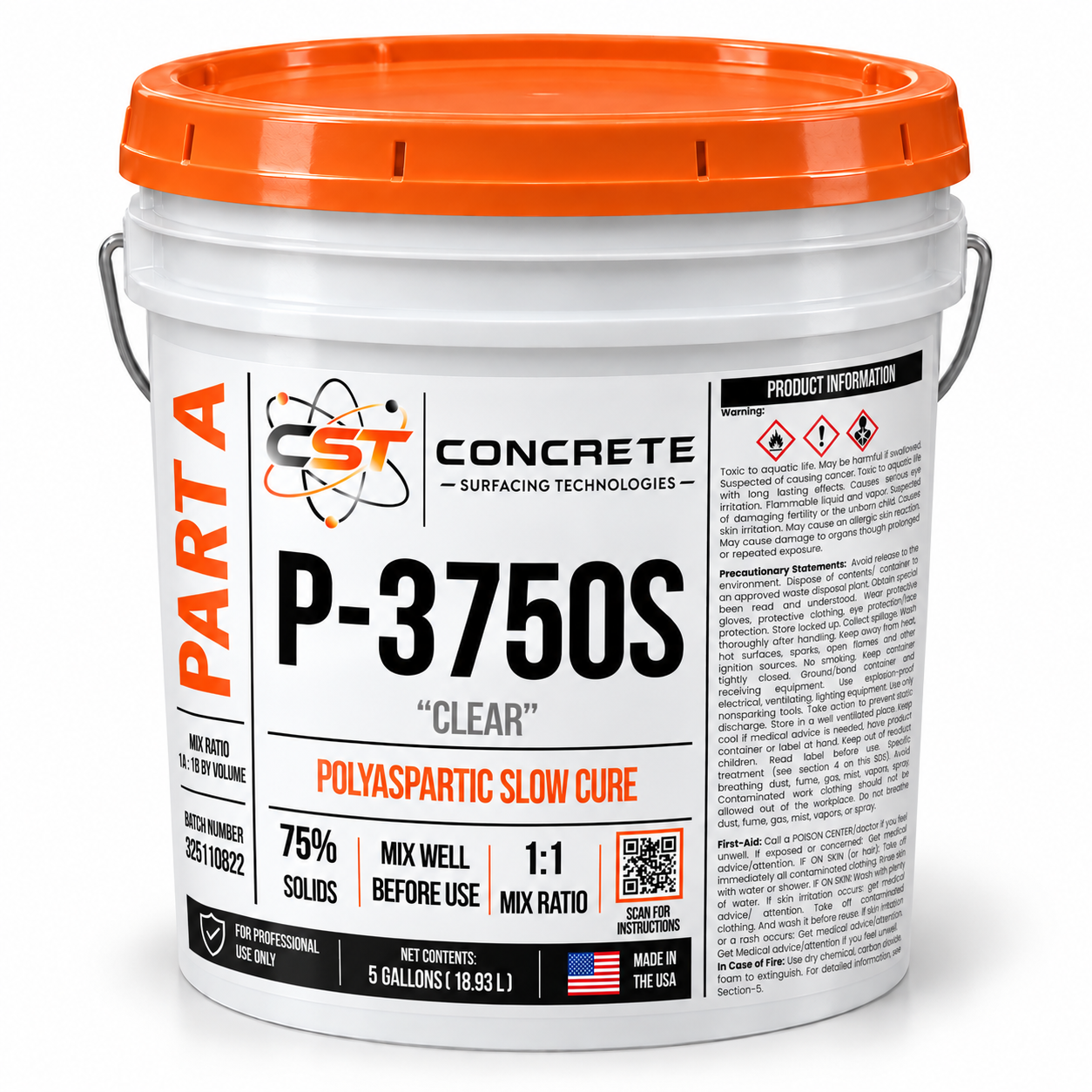 Digital mockup of P-3750S Slow Cure Part A in a white five-gallon pail with an orange lid and wrapped CST label