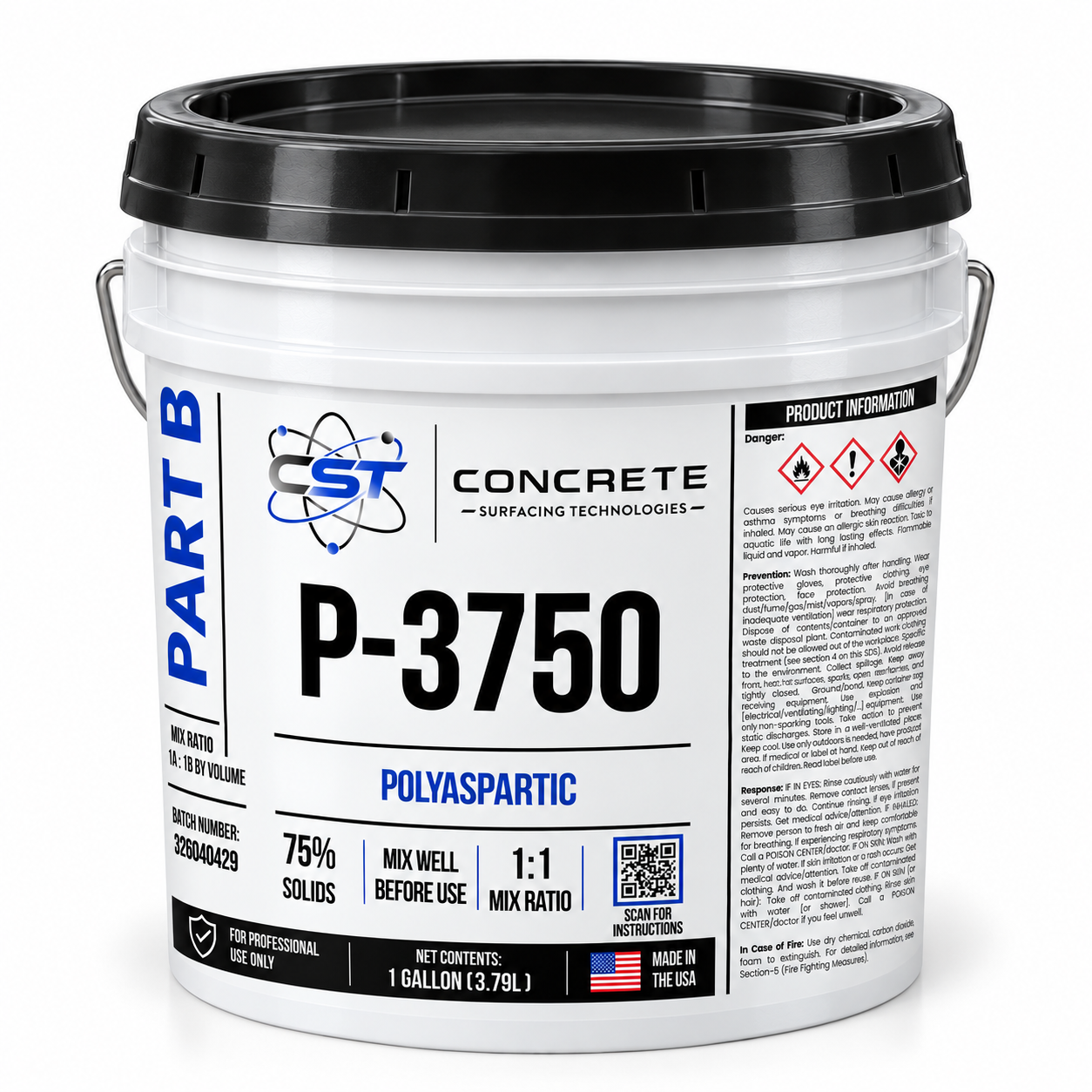 Digital mockup of P-3750 Part B in a white one-gallon pail with a black lid and wrapped CST label