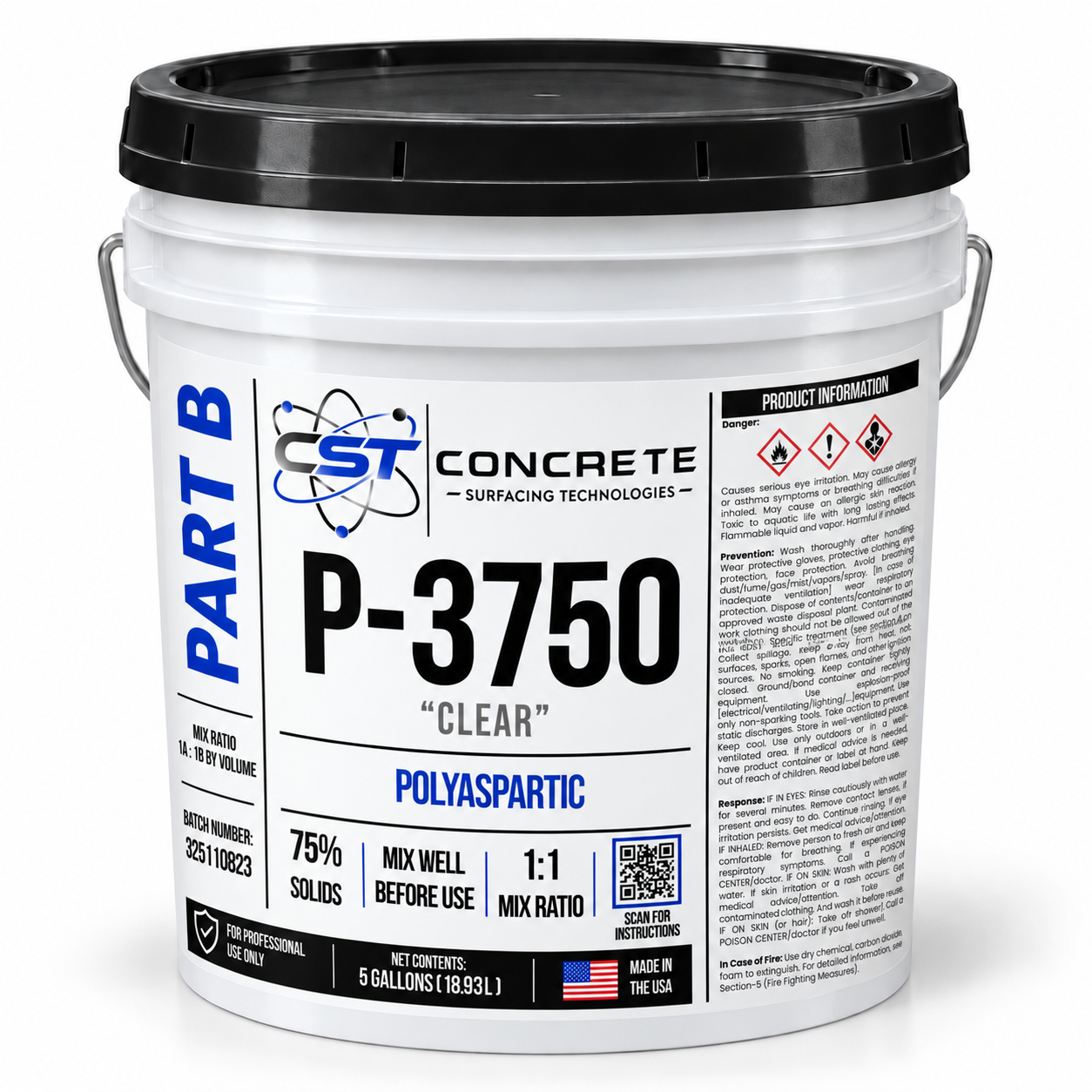 Digital mockup of P-3750 Part B in a white five-gallon pail with a black lid and wrapped CST label