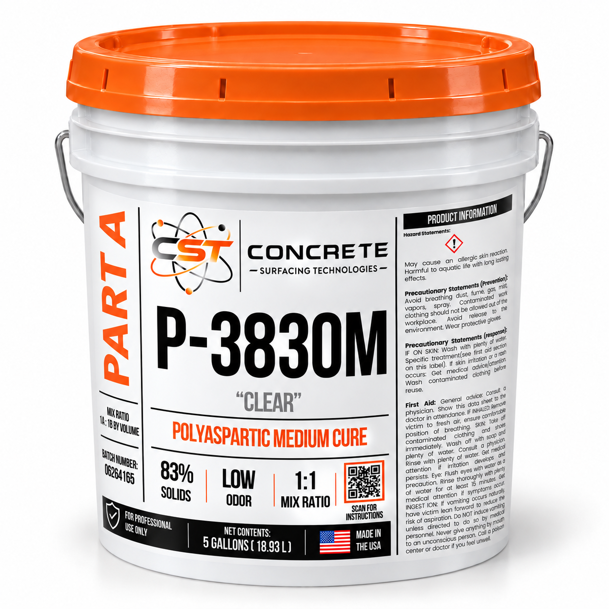 Digital mockup of P-3830 Medium Cure Part A in a white five-gallon pail with an orange lid and wrapped CST label