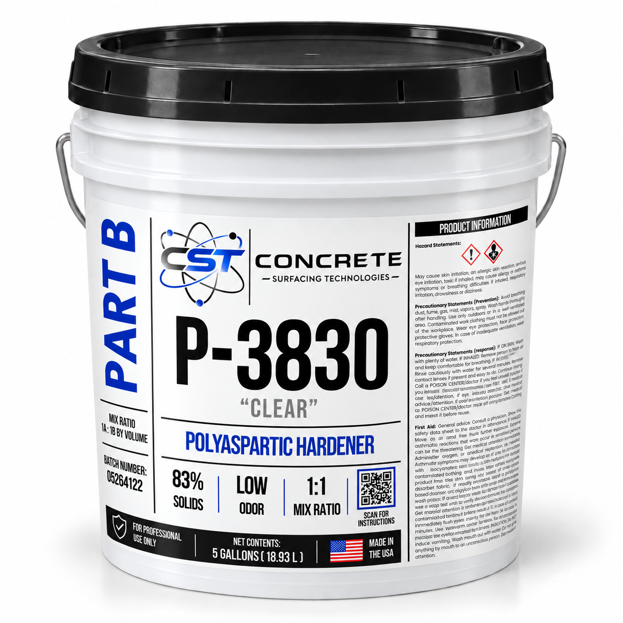 Digital mockup of P-3830 Part B in a white five-gallon pail with a black lid and wrapped CST label