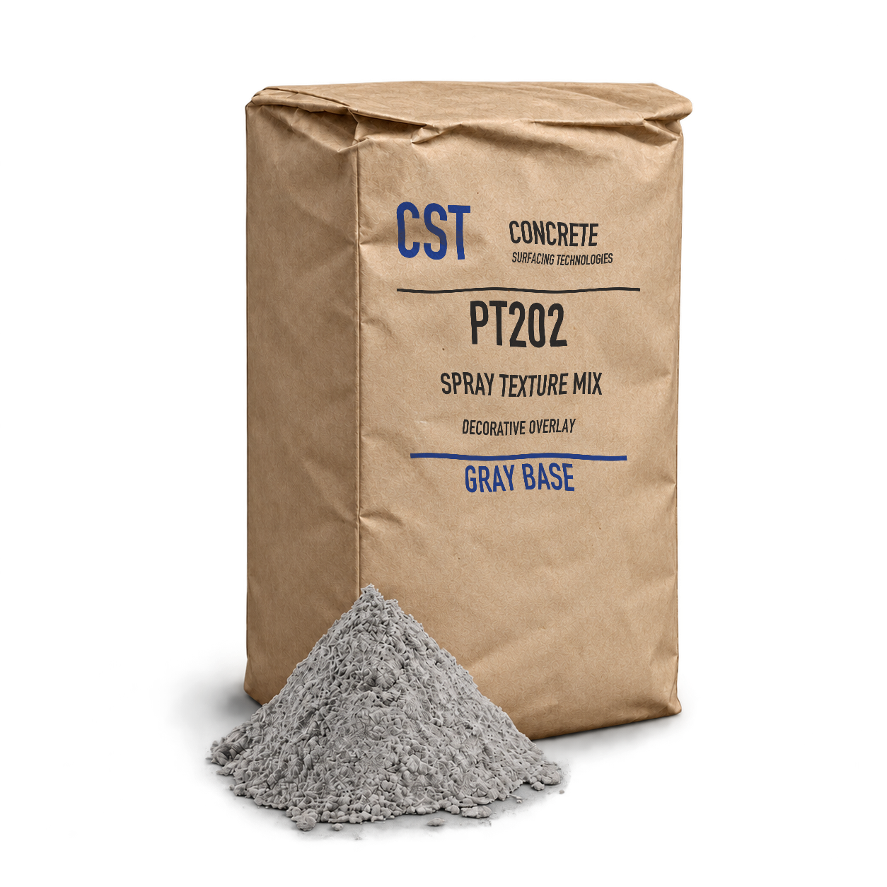 PT202 Gray Base in a brown valve-packed bag with a pile of gray cementitious powder