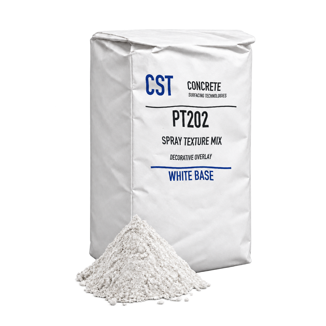 PT202 White Base in a white valve-packed bag with a pile of white cementitious powder